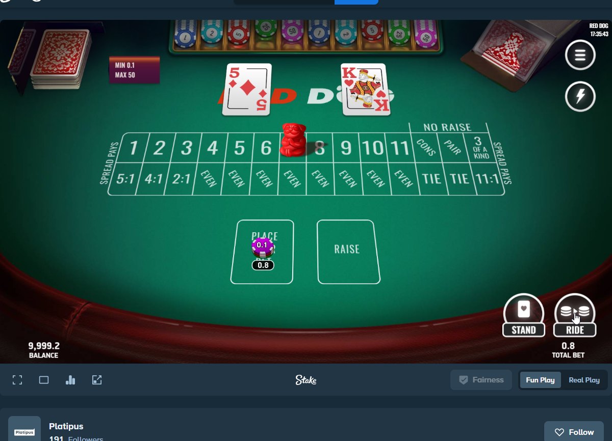 Red Dog: the card table with the spread paytable and the Raise button