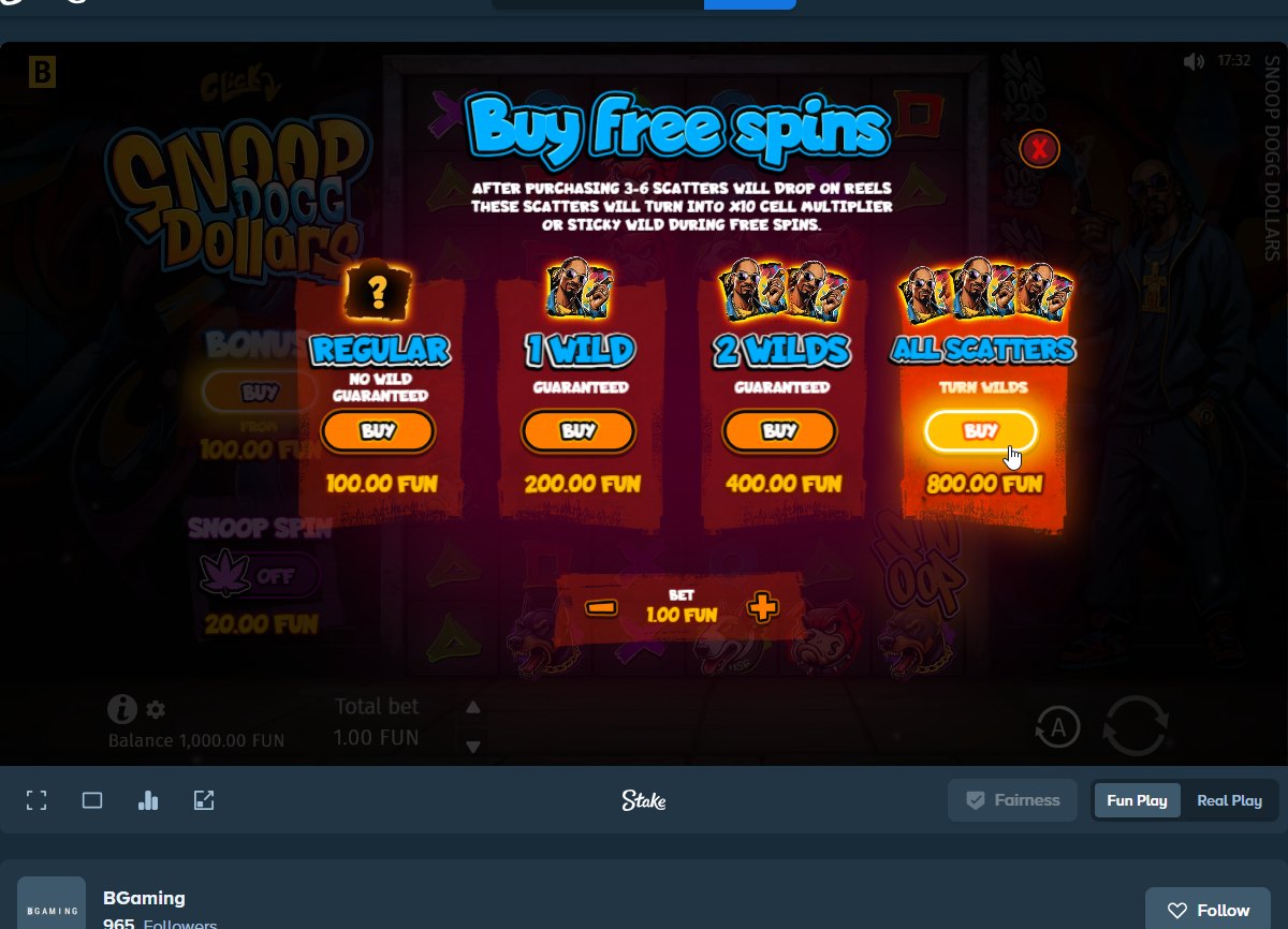 Snoop Dogg Dollars: the four Buy Free Spins options