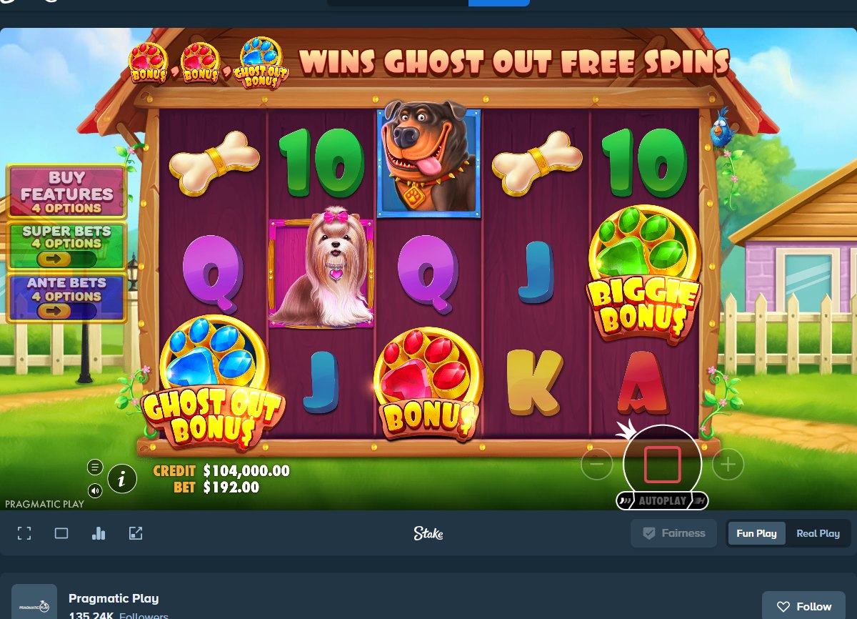 The Big Dog House base game with bonus symbols and a Ghost Out banner