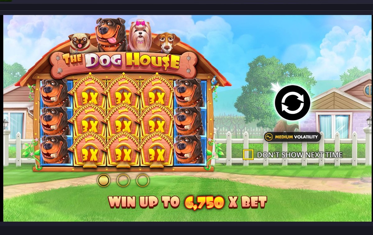 The Dog House base game: the reels and the game logo, medium volatility badge and the 6,750x ceiling