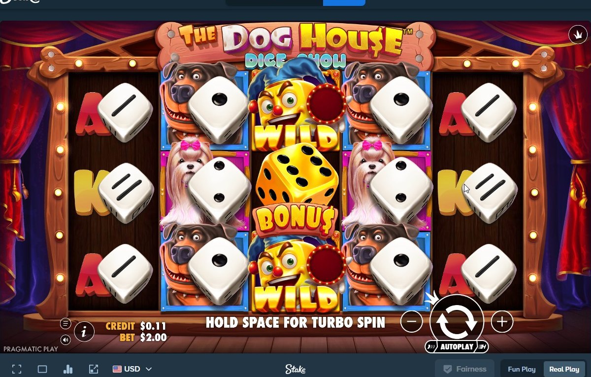 The Dog House Dice Show base game: dice symbols on the stage-set reels