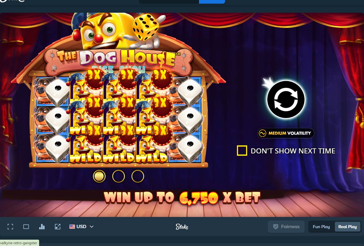 The Dog House Dice Show intro screen with the maximum win stated