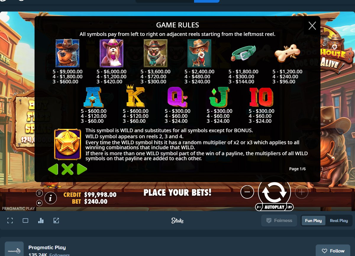 The Dog House Dog or Alive game rules: symbol payouts and the sheriff-star wild