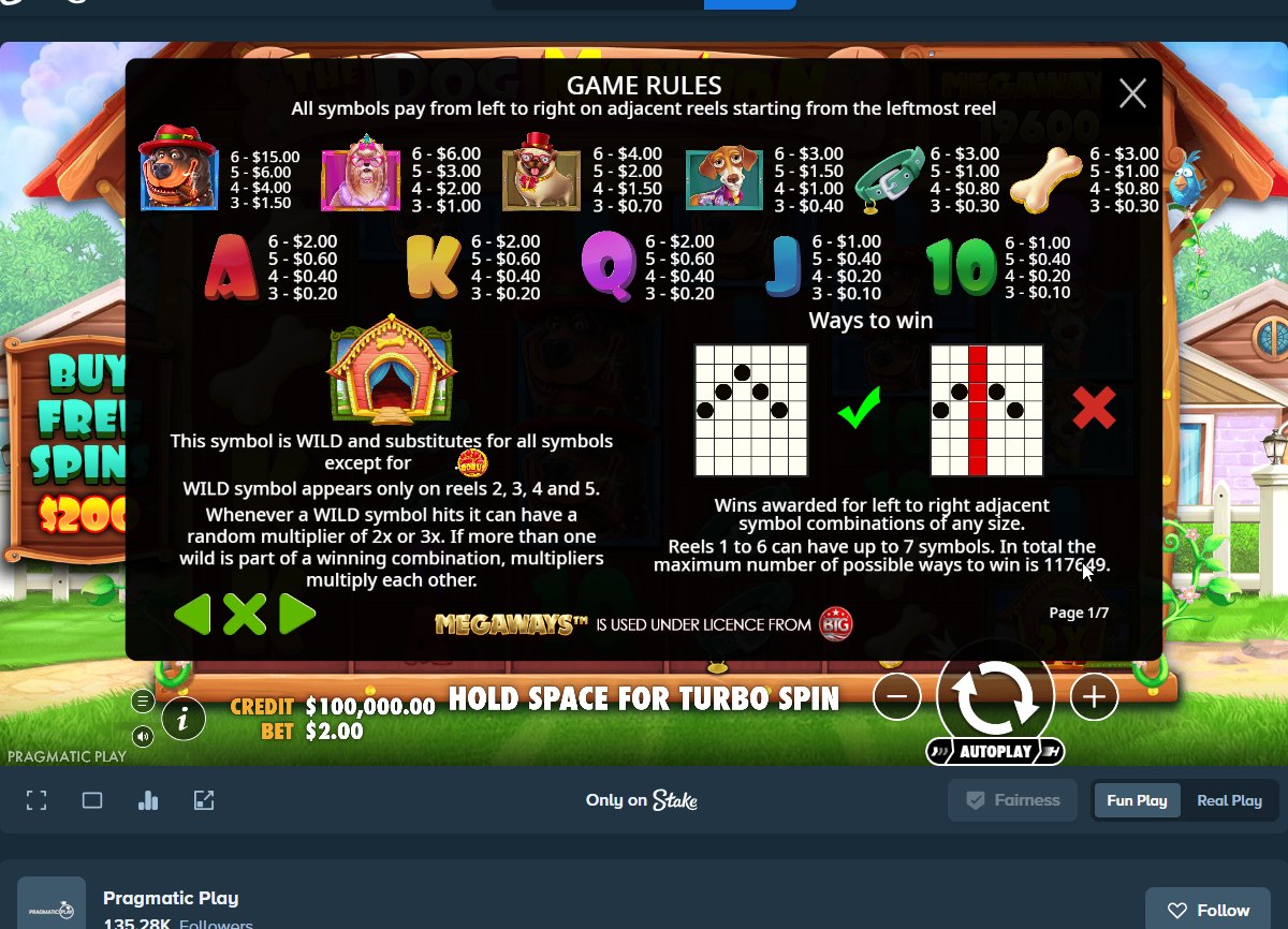 The Dog House Mansion Megaways game rules: symbol payouts and 117,649 ways