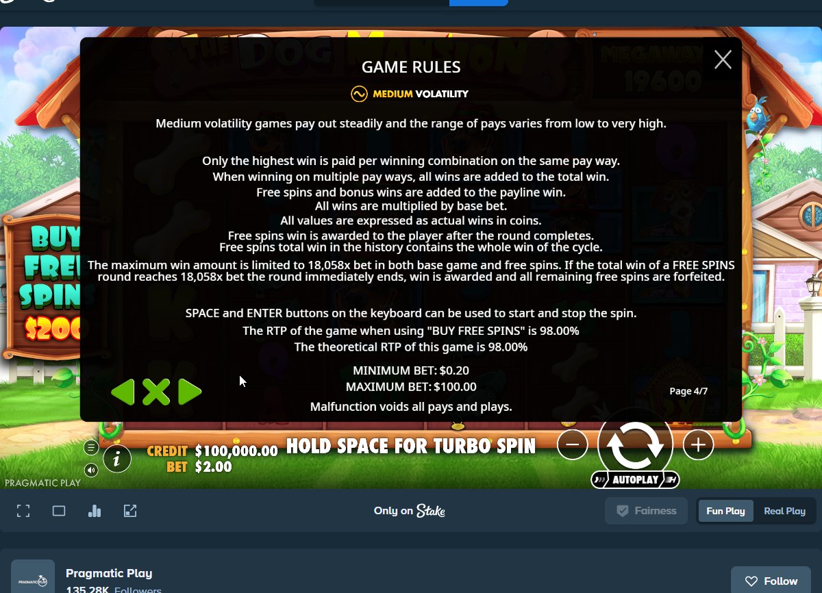 The Dog House Mansion Megaways rules screen: 98.00% RTP, medium volatility and the 18,058x cap