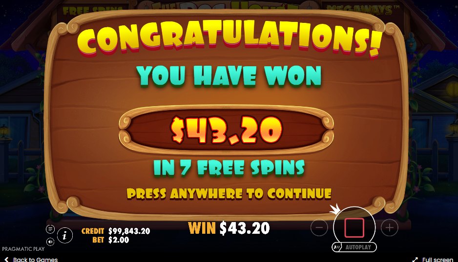 The Dog House Megaways: the total won from a seven-free-spin round