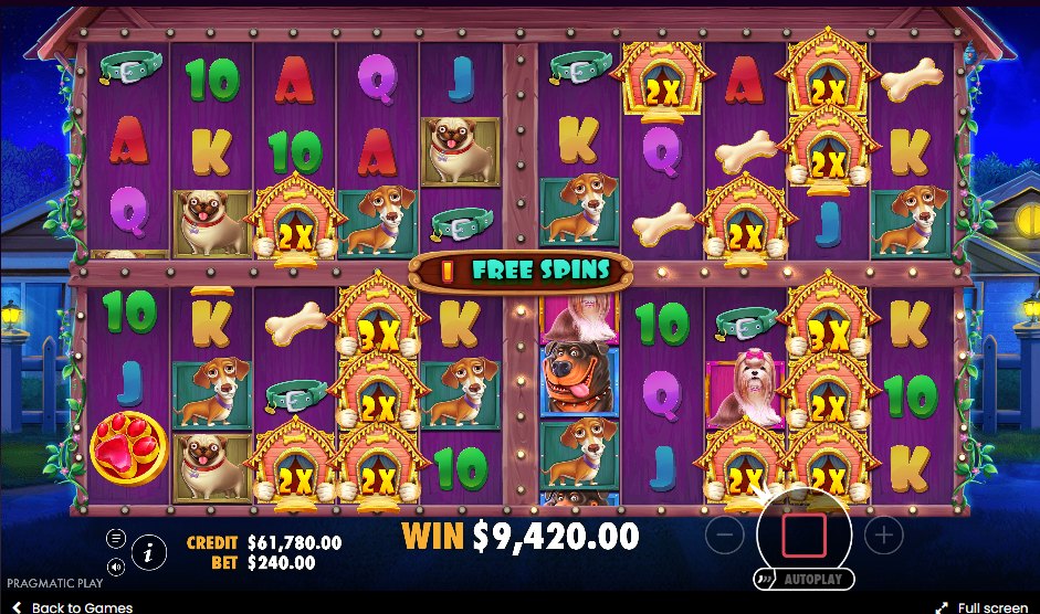 The Dog House Multihold free spins with several grids open side by side