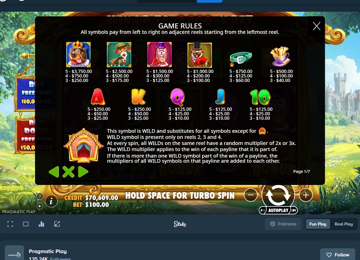 The Dog House Royal Hunt game rules: symbol payouts and the wild multiplier
