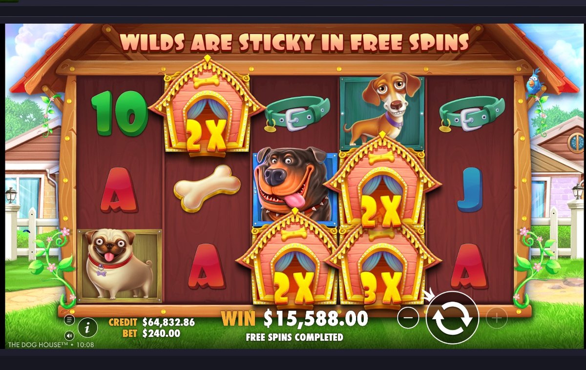 The Dog House free spins: sticky wilds with 2x and 3x multipliers held on the reels